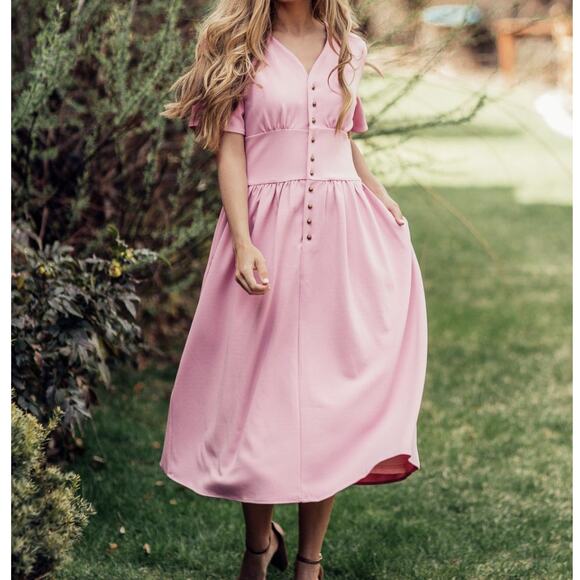 JessaKae Pink Folklore Button Front Short Sleeve Dress - Picture 2 of 11